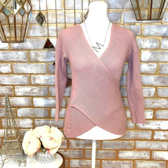 Summer & Rose Dusty Rose Madison Surplice Ribbed Crossover Knit V-Neck Sweater. - Picture 2 of 9